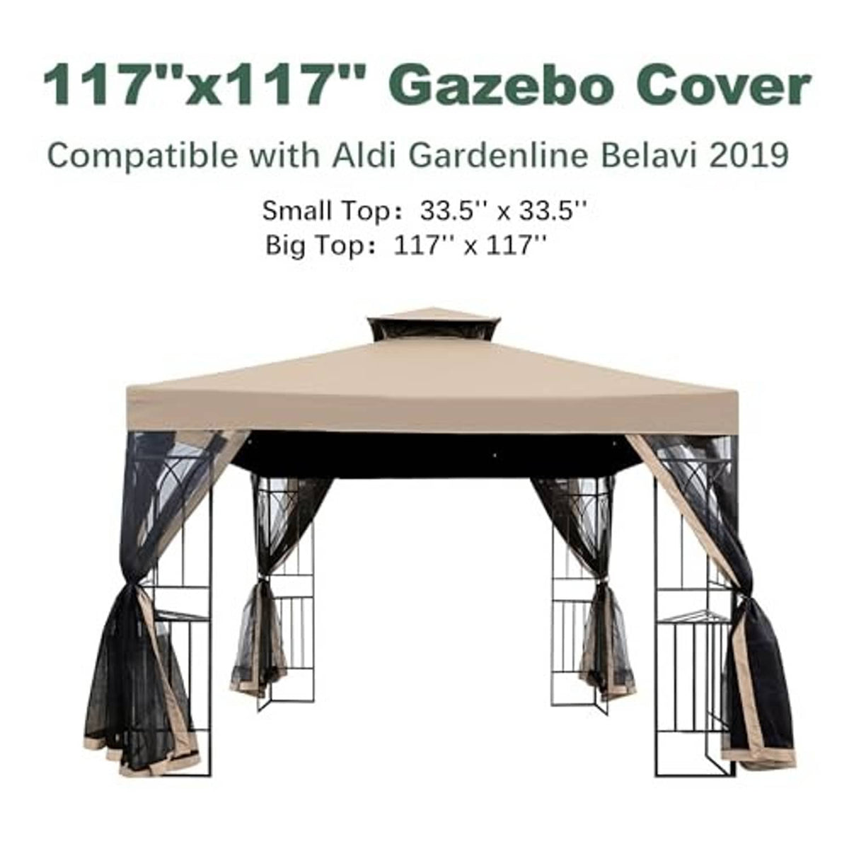 Light beige gazebo replacement cover with black side curtains and open entrance