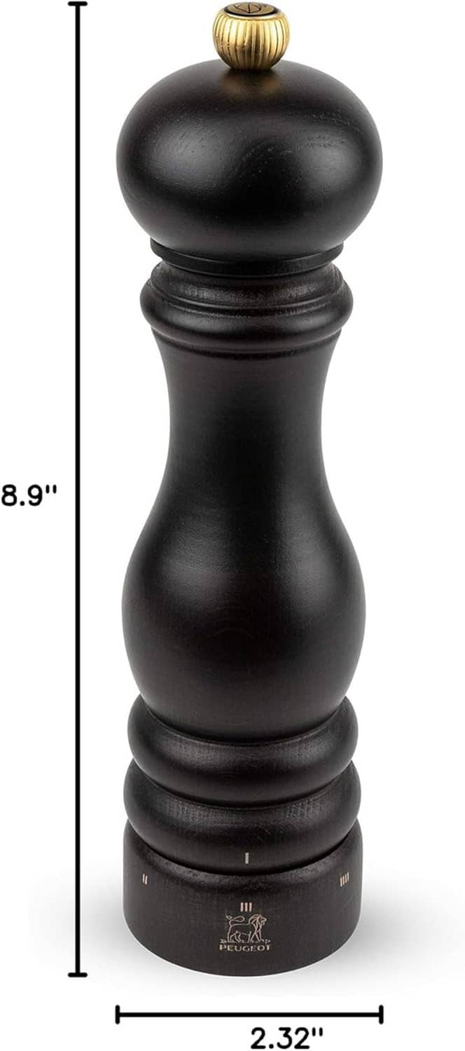 Chocolate wooden pepper mill with brass top, shown with height and width lines