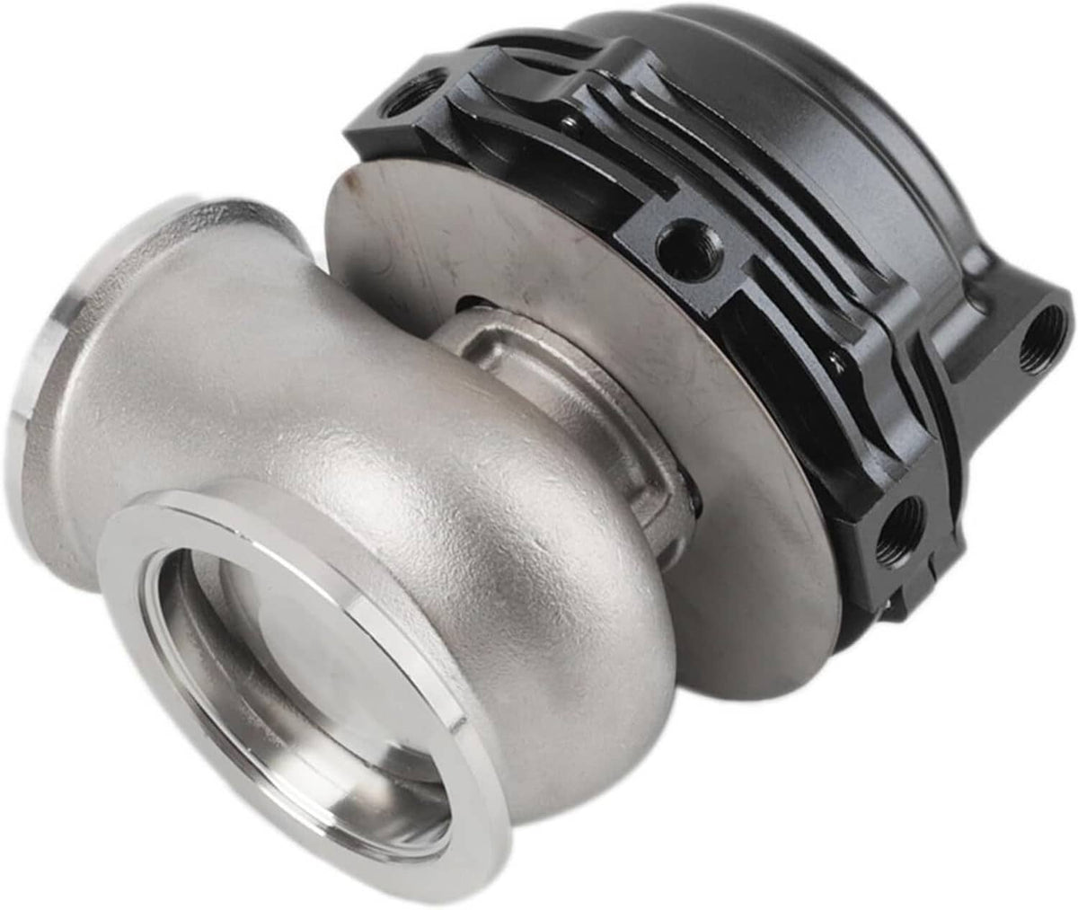 External turbo wastegate with silver V-band outlet and black spring housing