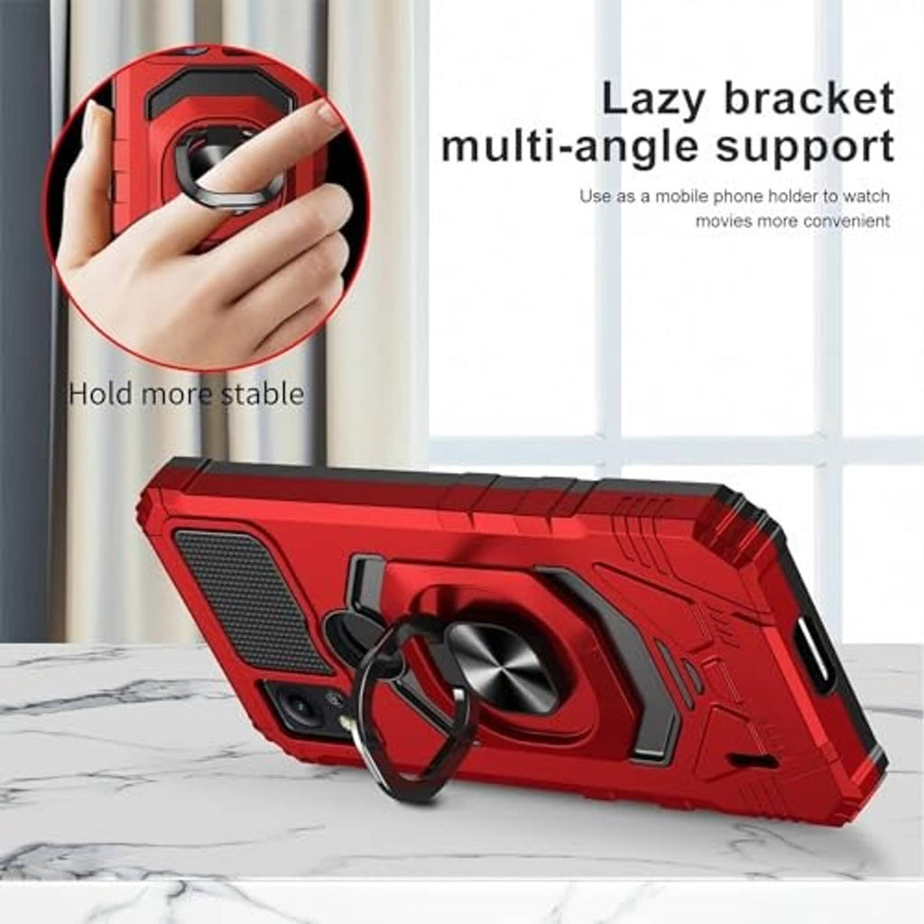 Red rugged phone case with ring stand, anti-slip panels, and cutouts