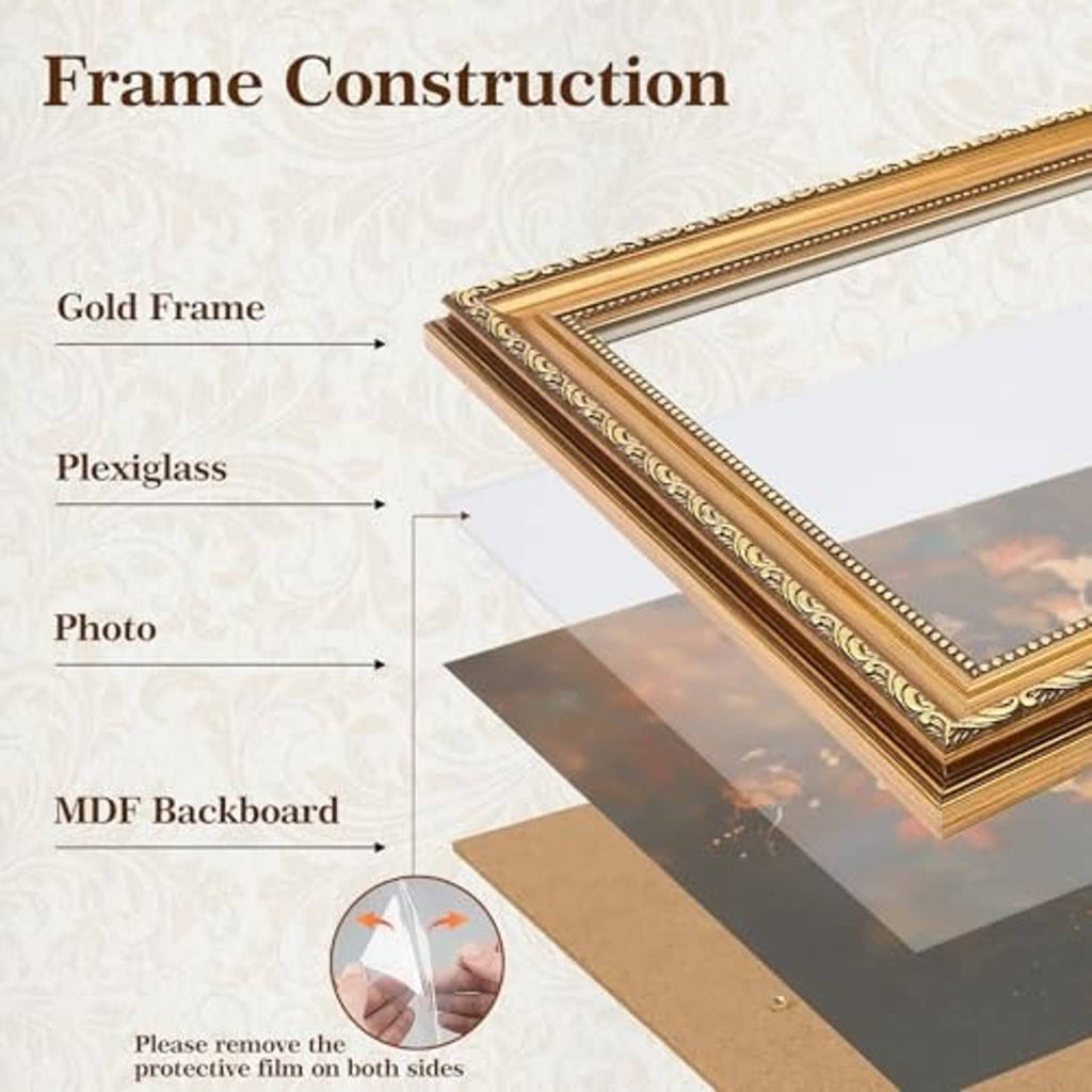 Bronze gold vintage picture frame labeled frame construction: plexiglass and MDF backing