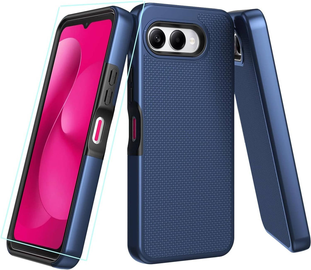 Dual-layer phone case with screen protector, textured dark blue back.