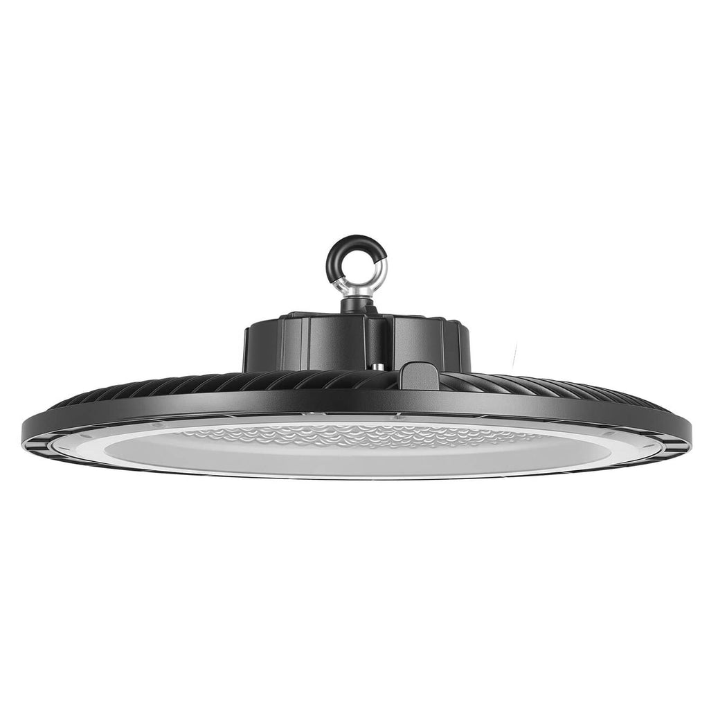 Black LED high bay light with flat lens and top hanging loop, front view
