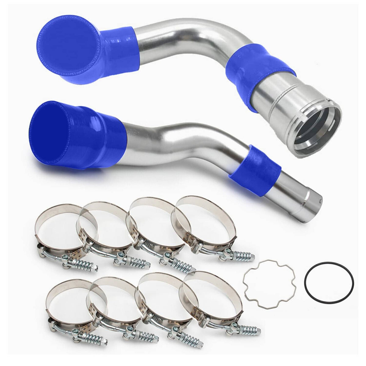 Stainless intercooler pipe kit with blue silicone couplers, clamps, and sealing rings
