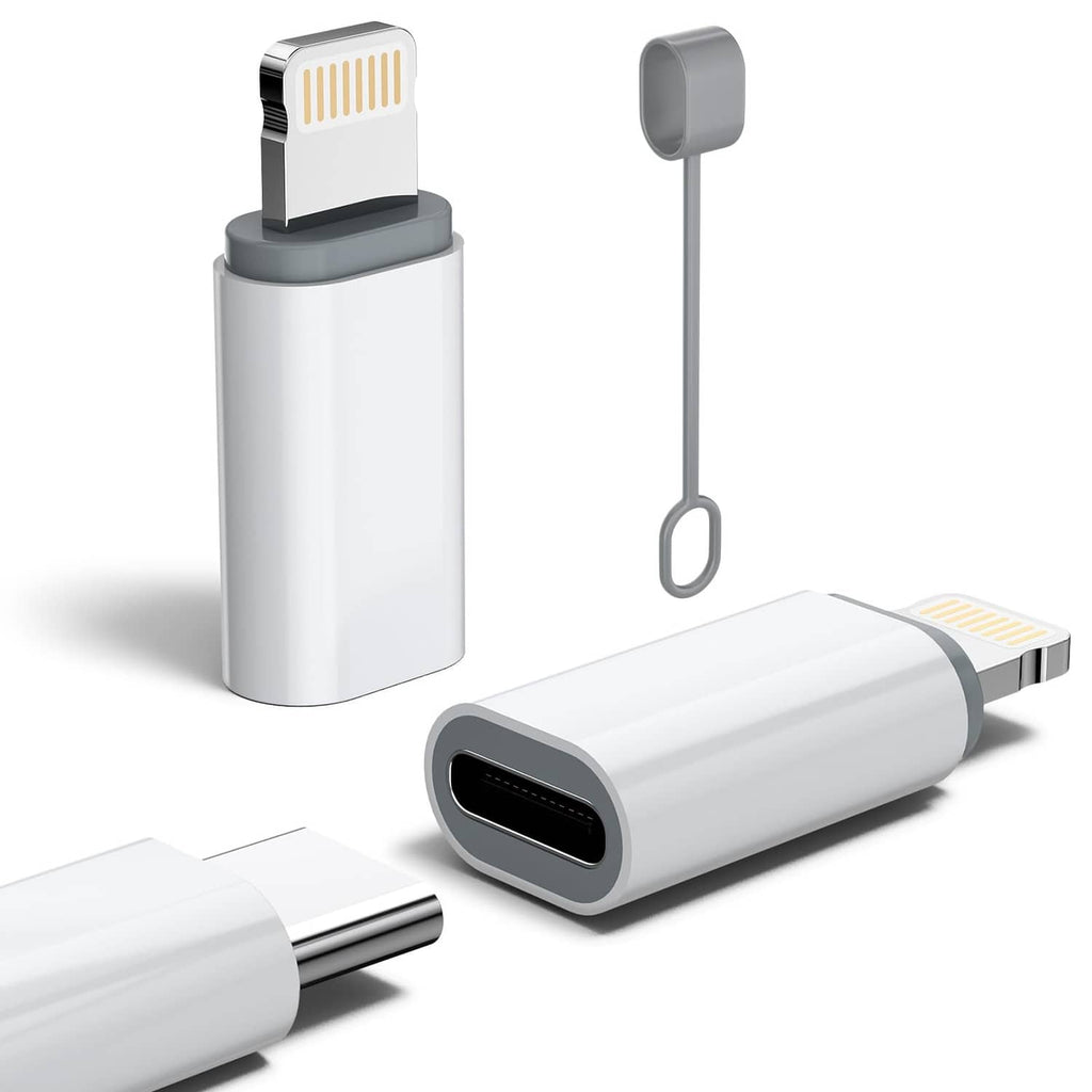 White 2-pack USB-C female to Lightning male adapters with gray cable connectors