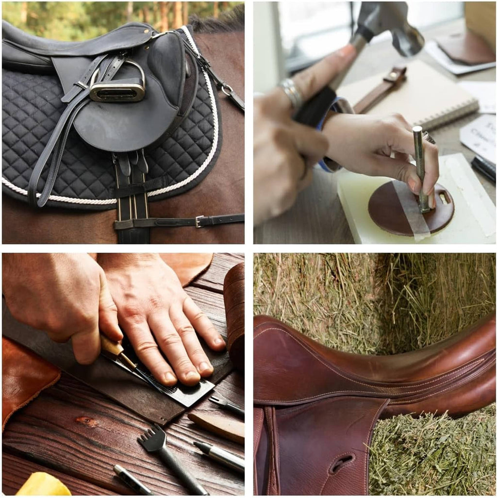 Brown leather items and hand tools for leathercraft, including cut pieces and stitching