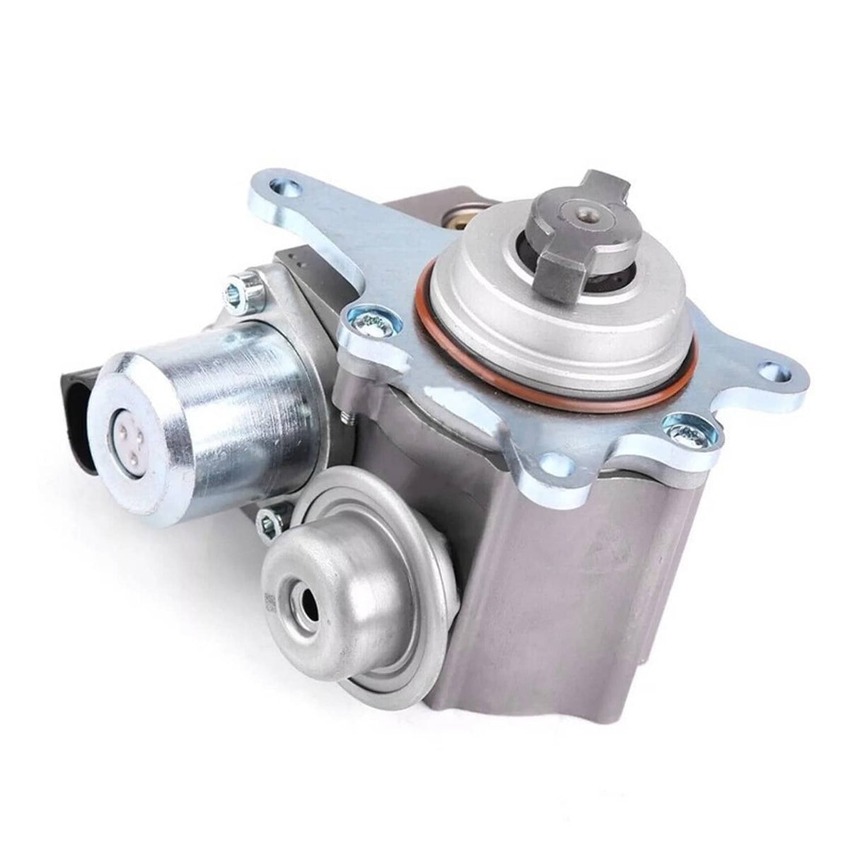 High-pressure fuel pump with metal body, two ports, mounting bracket, and solenoid