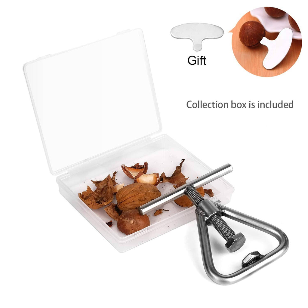 Stainless steel nut cracker with collection box shown for gifting