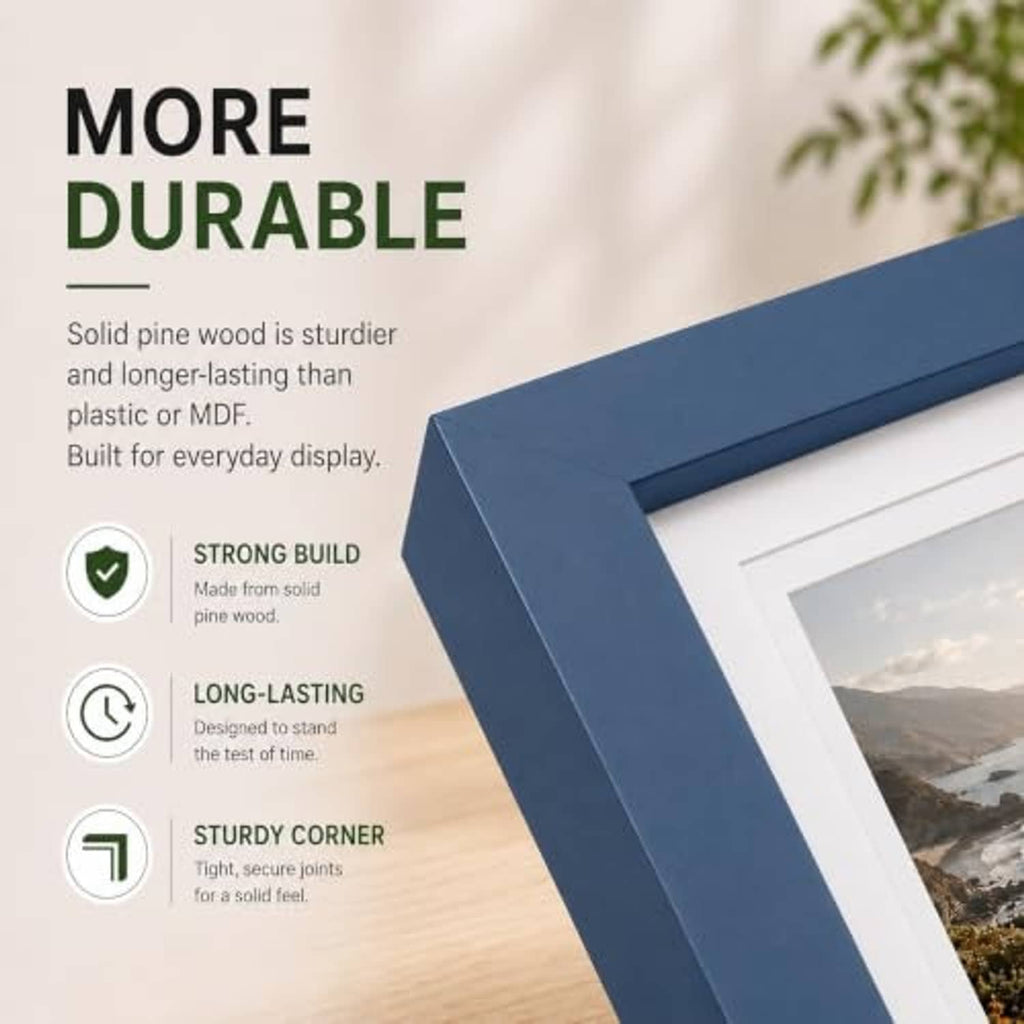Navy 8x8 solid wood picture frame corner and inner white mat detail