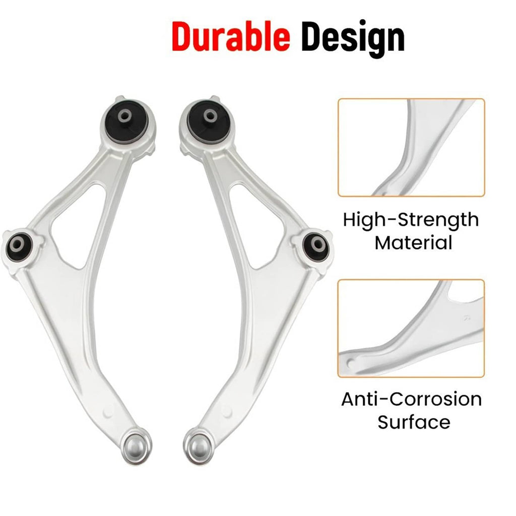 Pair of front control arms with black bushing mounts, white aluminum frame