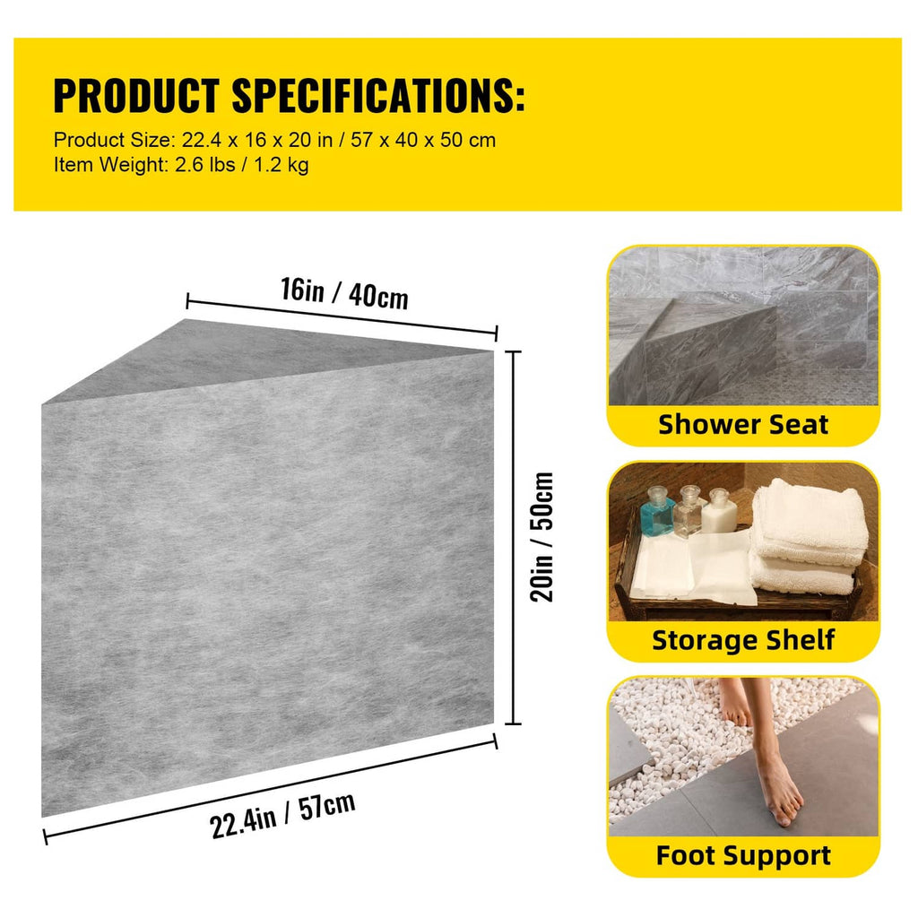 Gray triangular shower corner seat board with labeled dimensions and size diagram