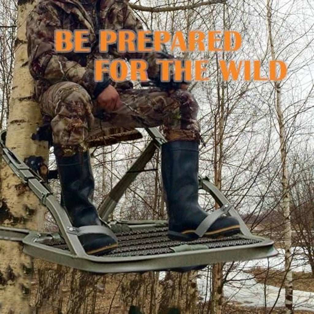 Grey tree stand climbing stirrups on platform with hunter boots on steps