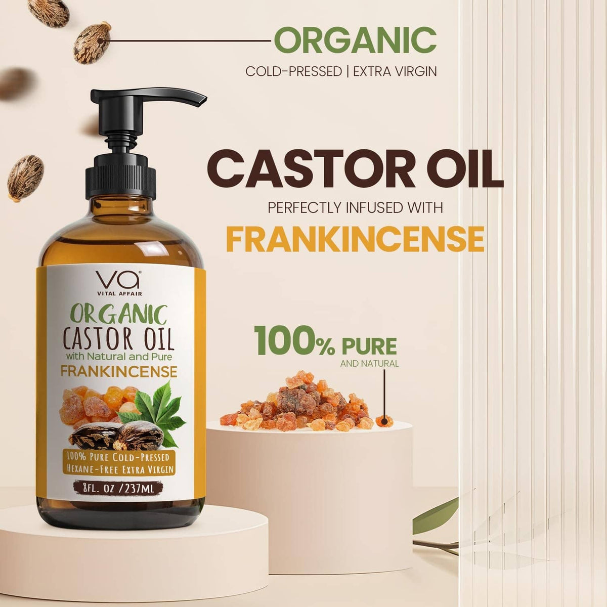 Organic castor oil with frankincense in glass bottle with black pump, front view