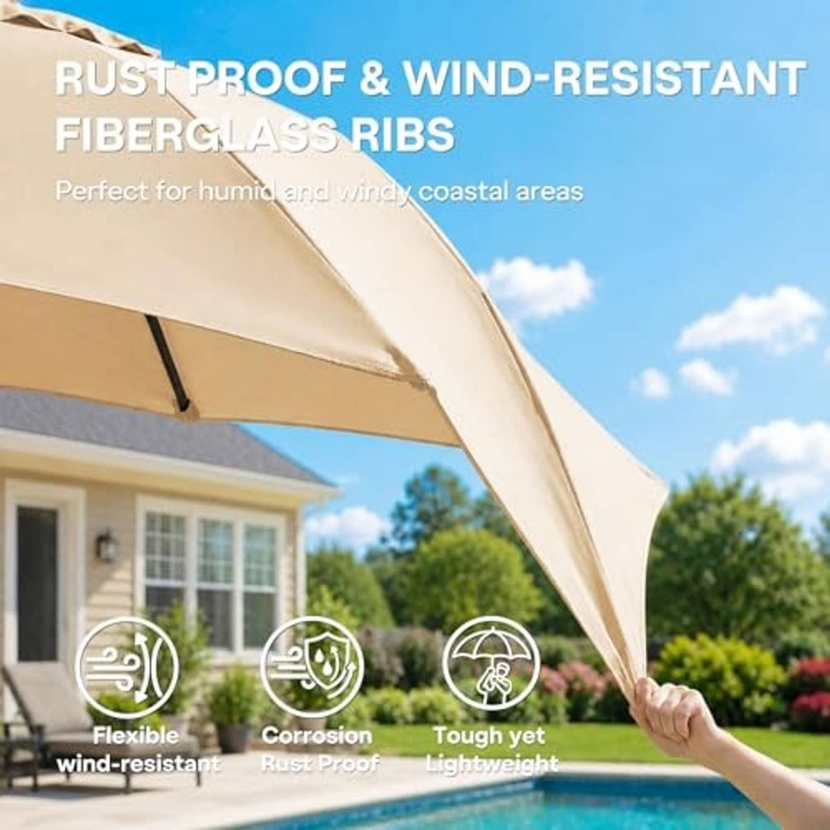Beige patio umbrella canopy close-up with black ribs and valance edge
