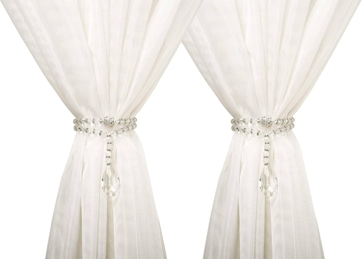 Crystal beaded curtain holdback set with round bead cluster and teardrop hanging pendant