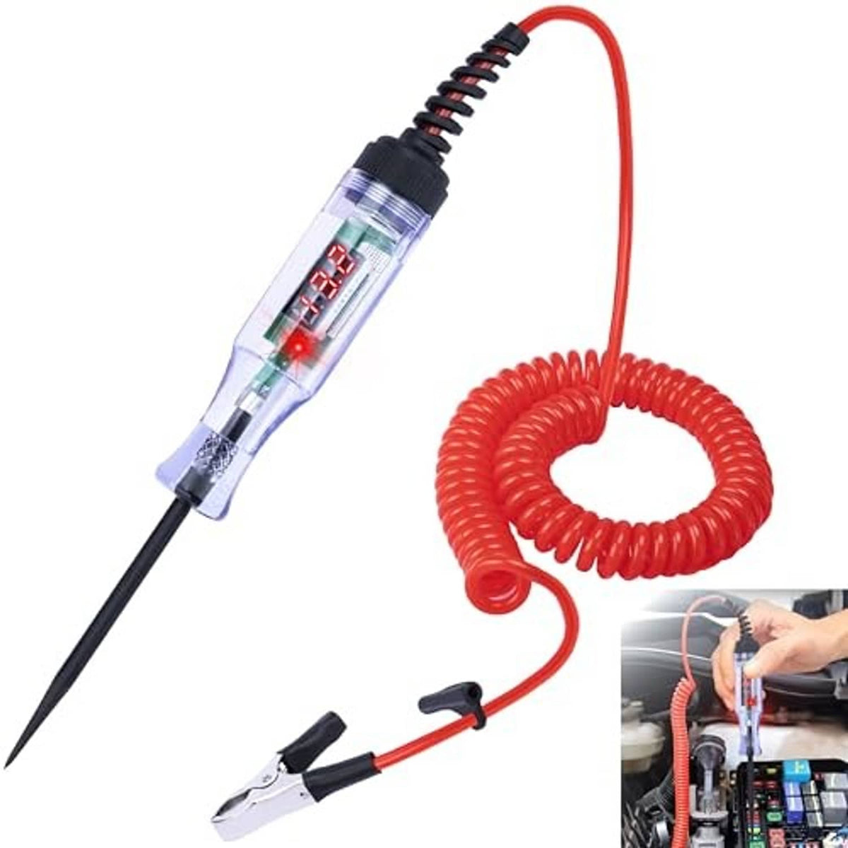 Automotive DC test light with clear voltmeter probe and red coiled cord