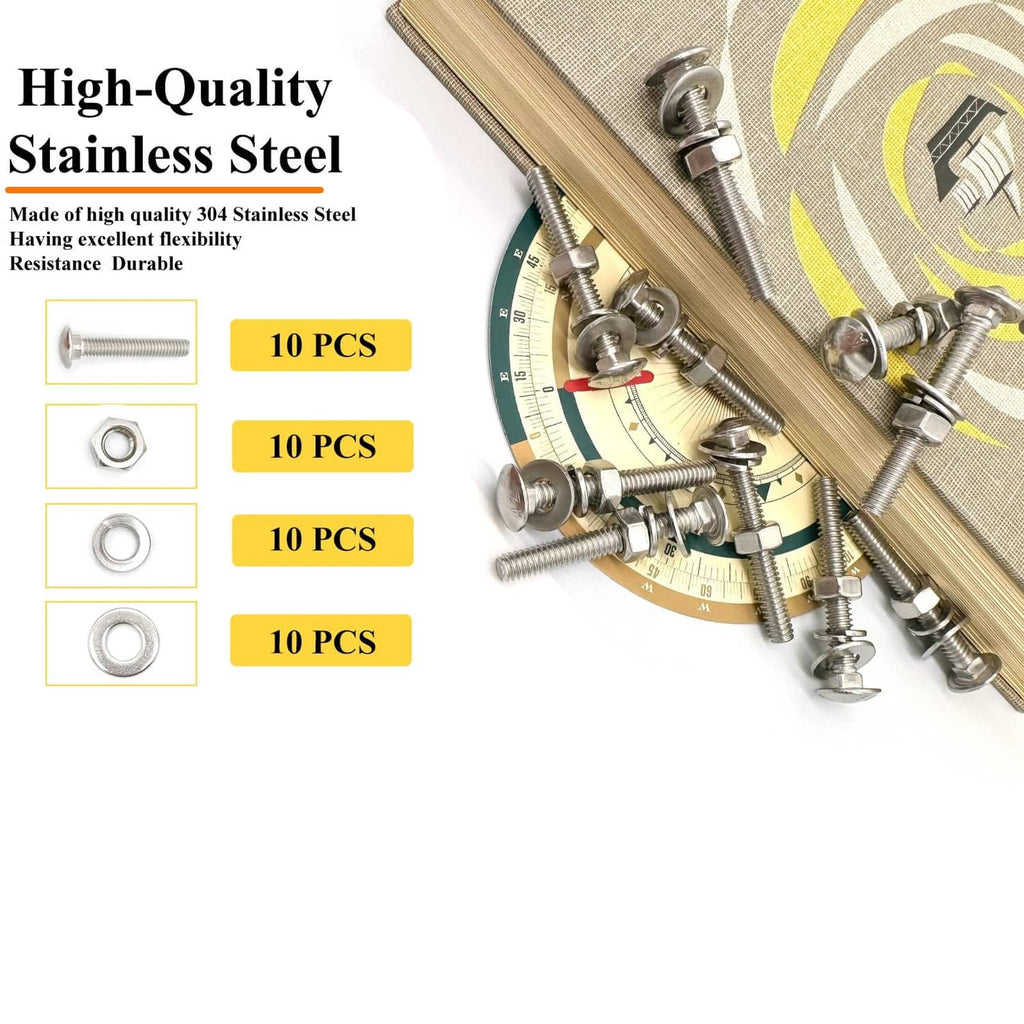 Stainless steel carriage bolts with flat washers and spring lock washers set