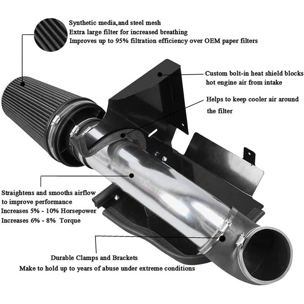 Cold air intake kit components: cone air filter, intake tube, and heat shield brackets