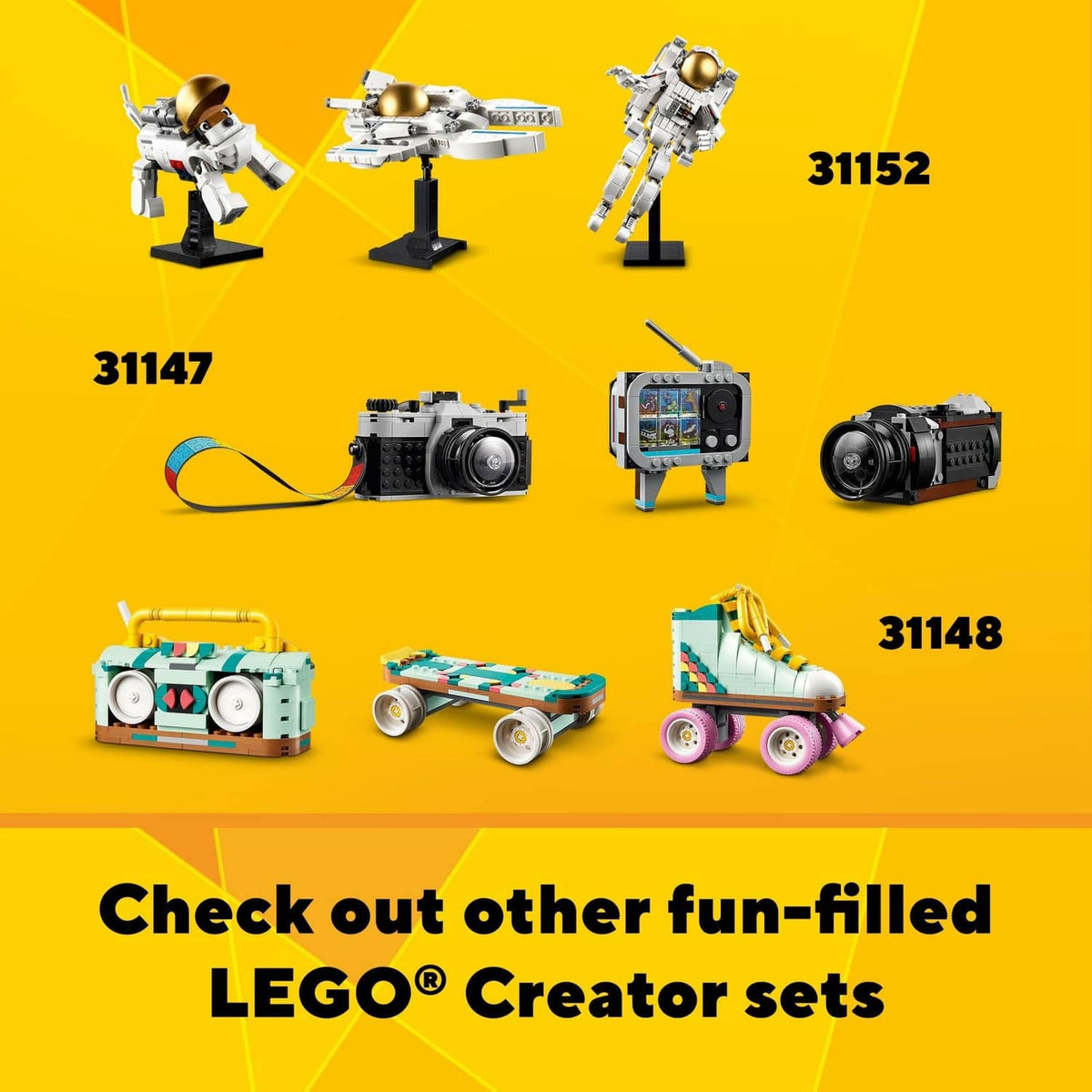 LEGO Creator set lineup featuring robots, camera, and vehicle builds on a yellow display