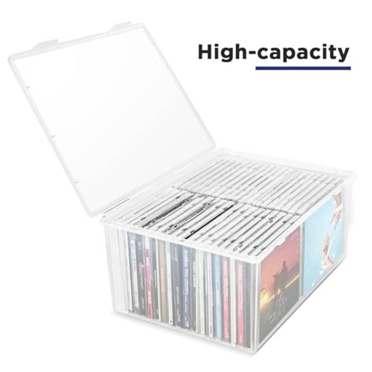 High-capacity clear CD storage box with lid open; CDs visible through the sides