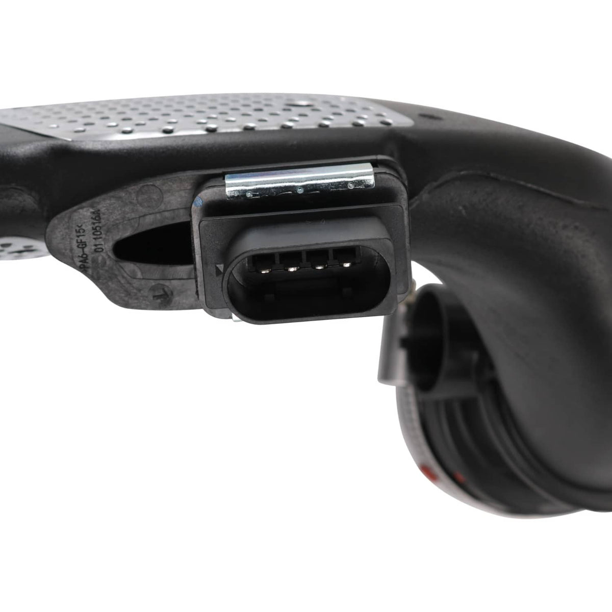 Air mass sensor with engine air duct and electrical connector on black housing