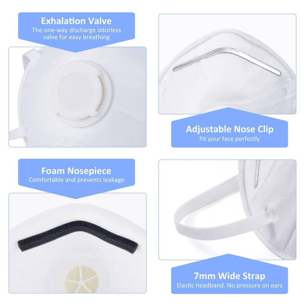 White N95 respirator features exhalation valve, foam nosepiece, and wide elastic straps