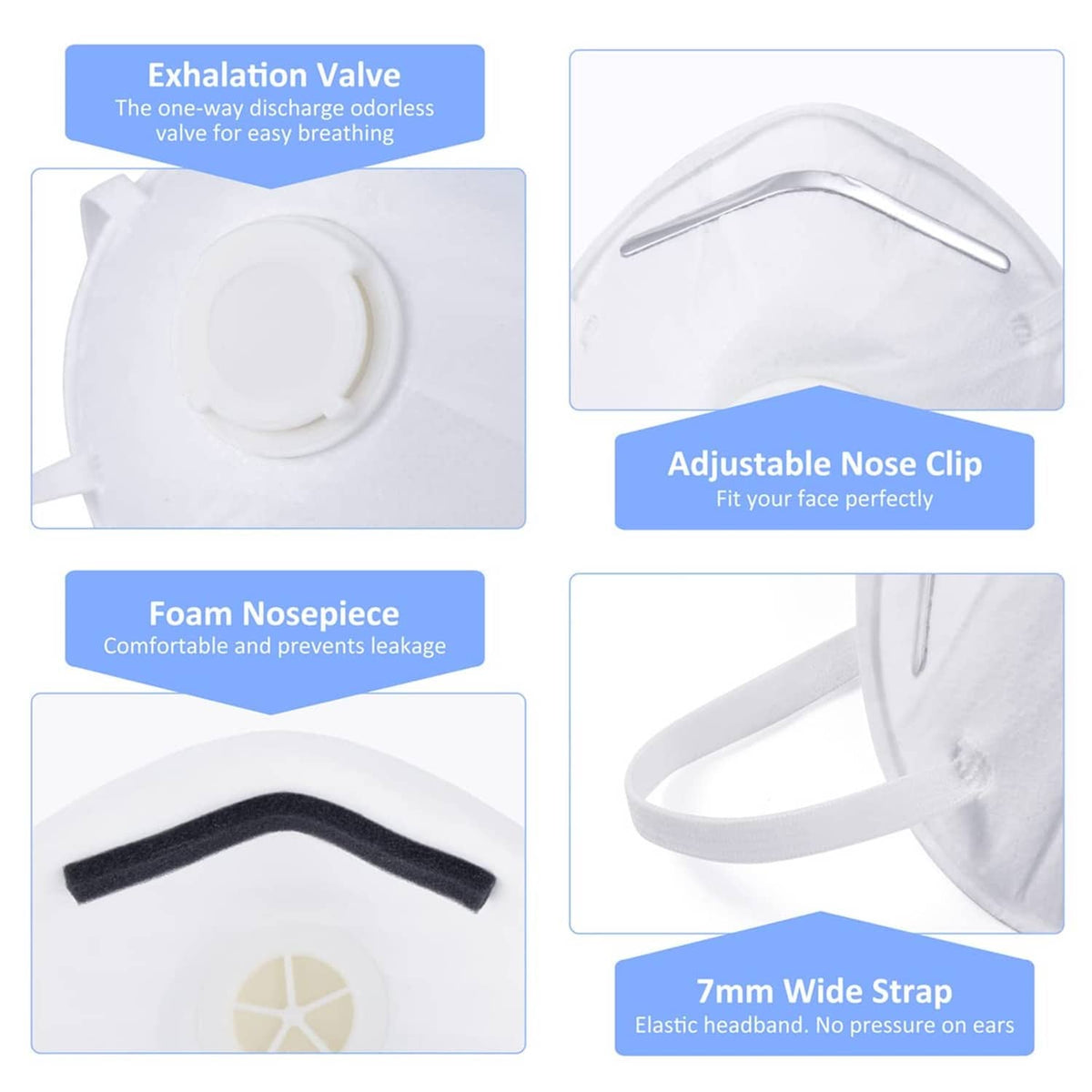 White N95 respirator features exhalation valve, foam nosepiece, and wide elastic straps