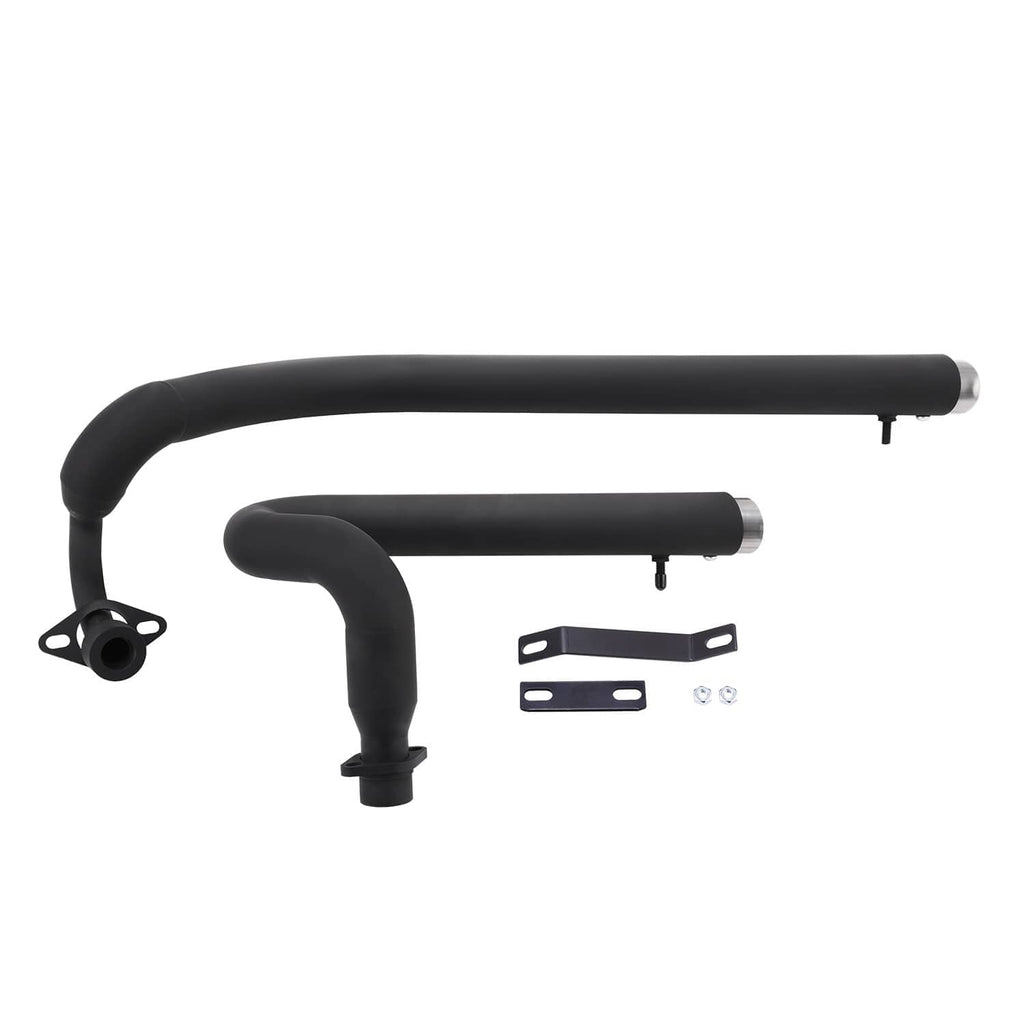 Black exhaust pipe set with dual mufflers, brackets, and clamps for motorcycle install.
