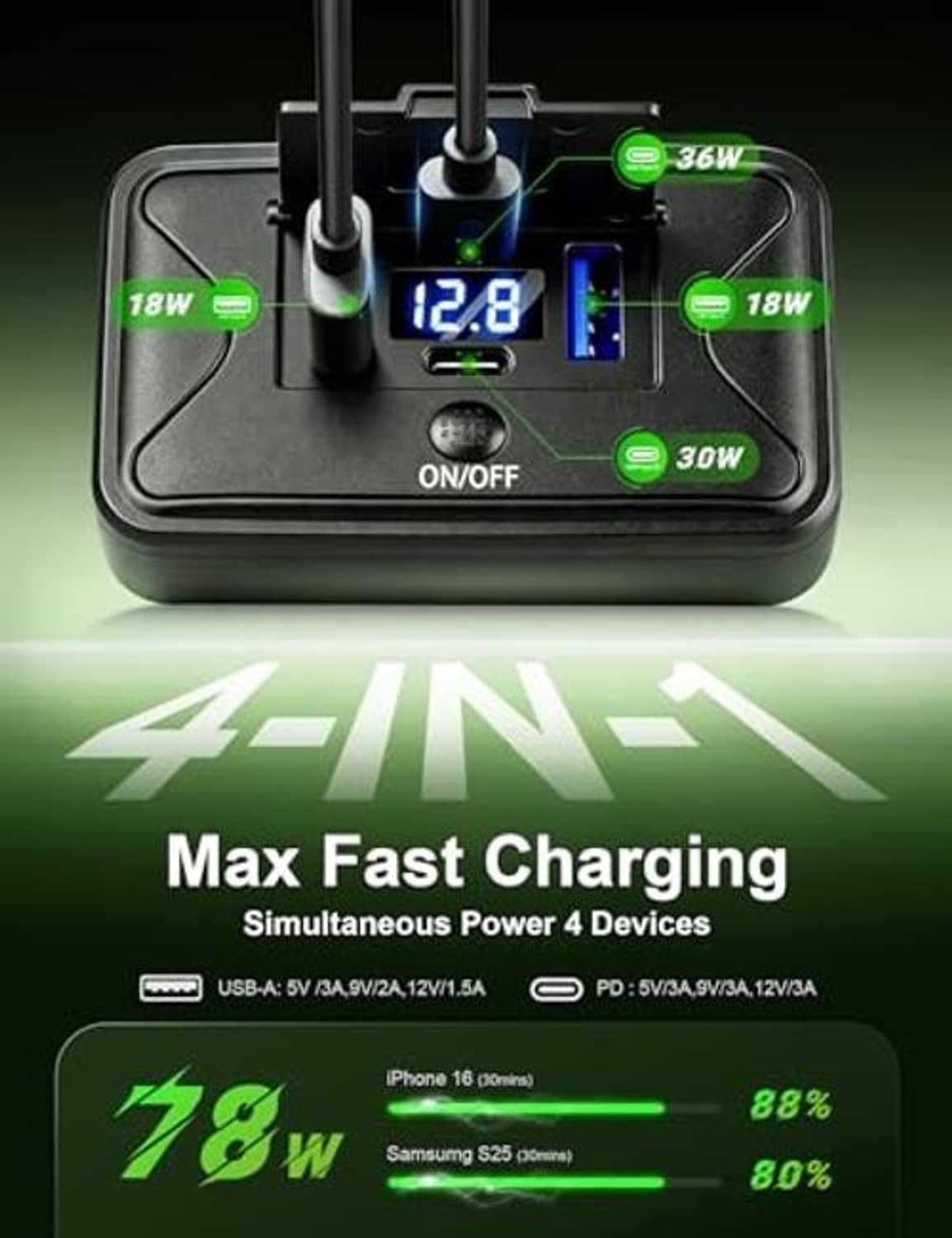 Black 12V USB outlet with blue voltage display and four blue USB charging ports