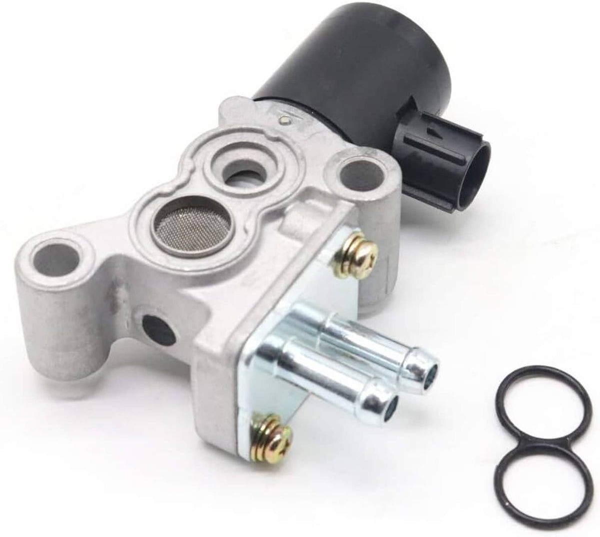Idle air control valve with black connector, metal body, and two metal outlet pins