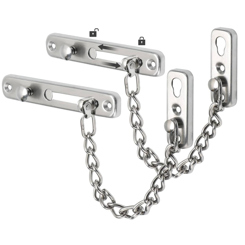 Silver metal door chain lock with slide latch and linked safety chain