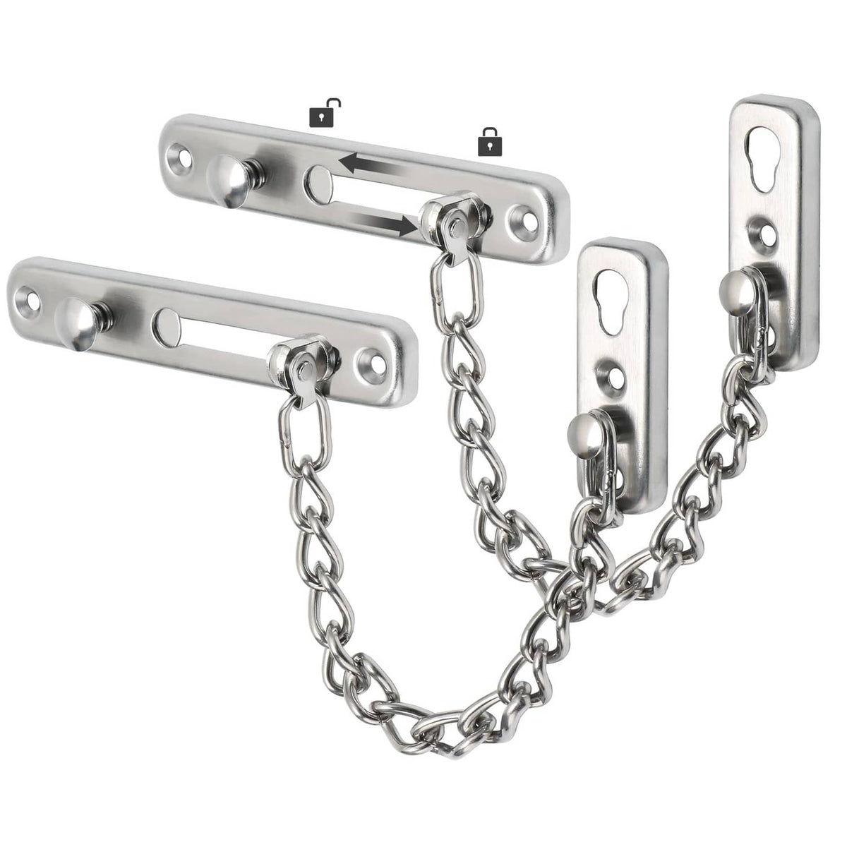 Silver metal door chain lock with slide latch and linked safety chain