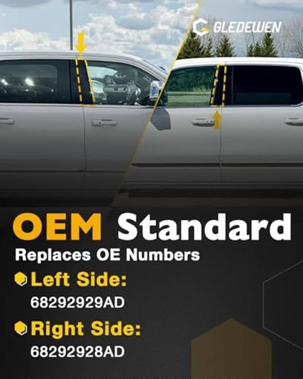 Side B-pillar trim molding graphic with OEM standard left/right reference labels