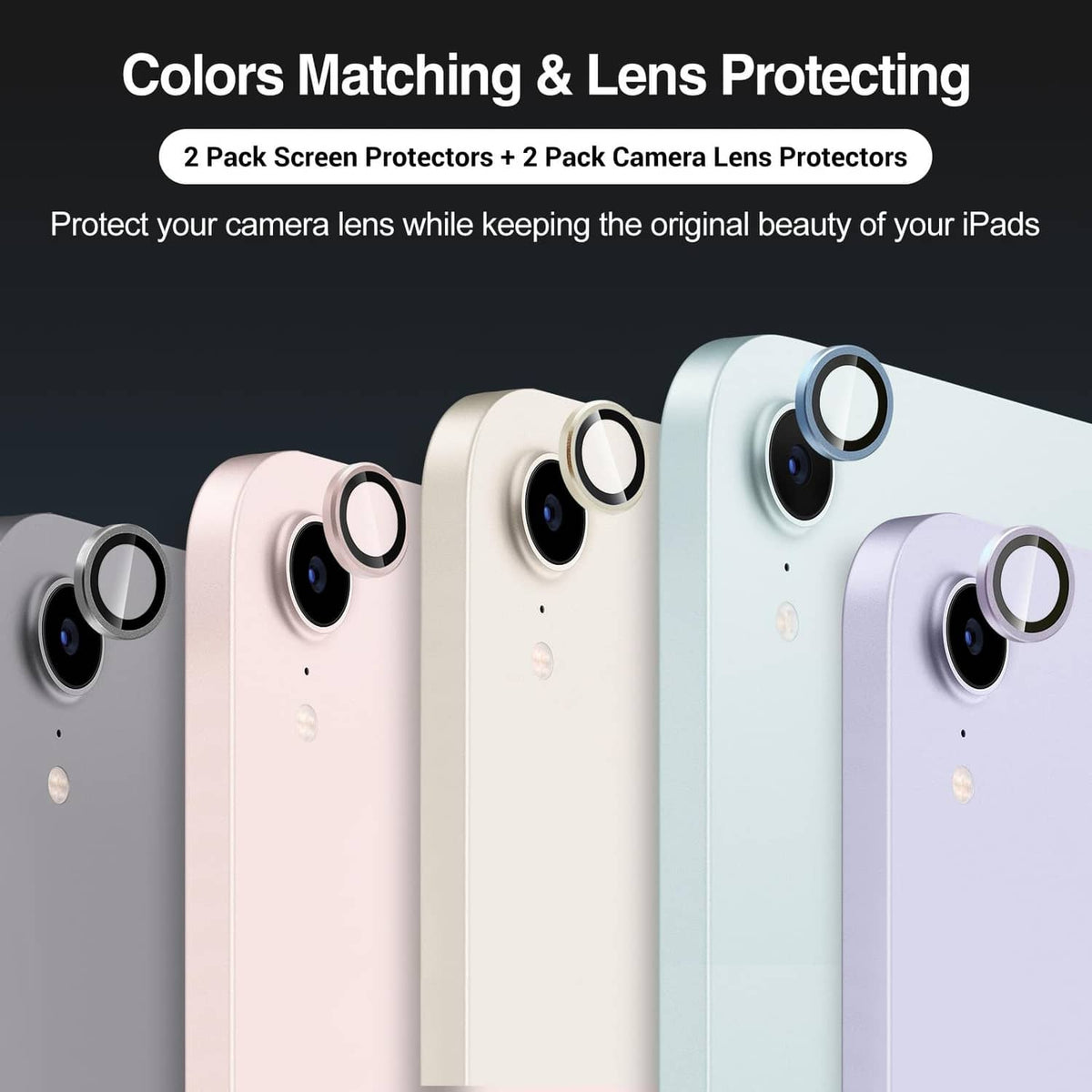 Screen and camera lens protector set shown on pastel iPad backs