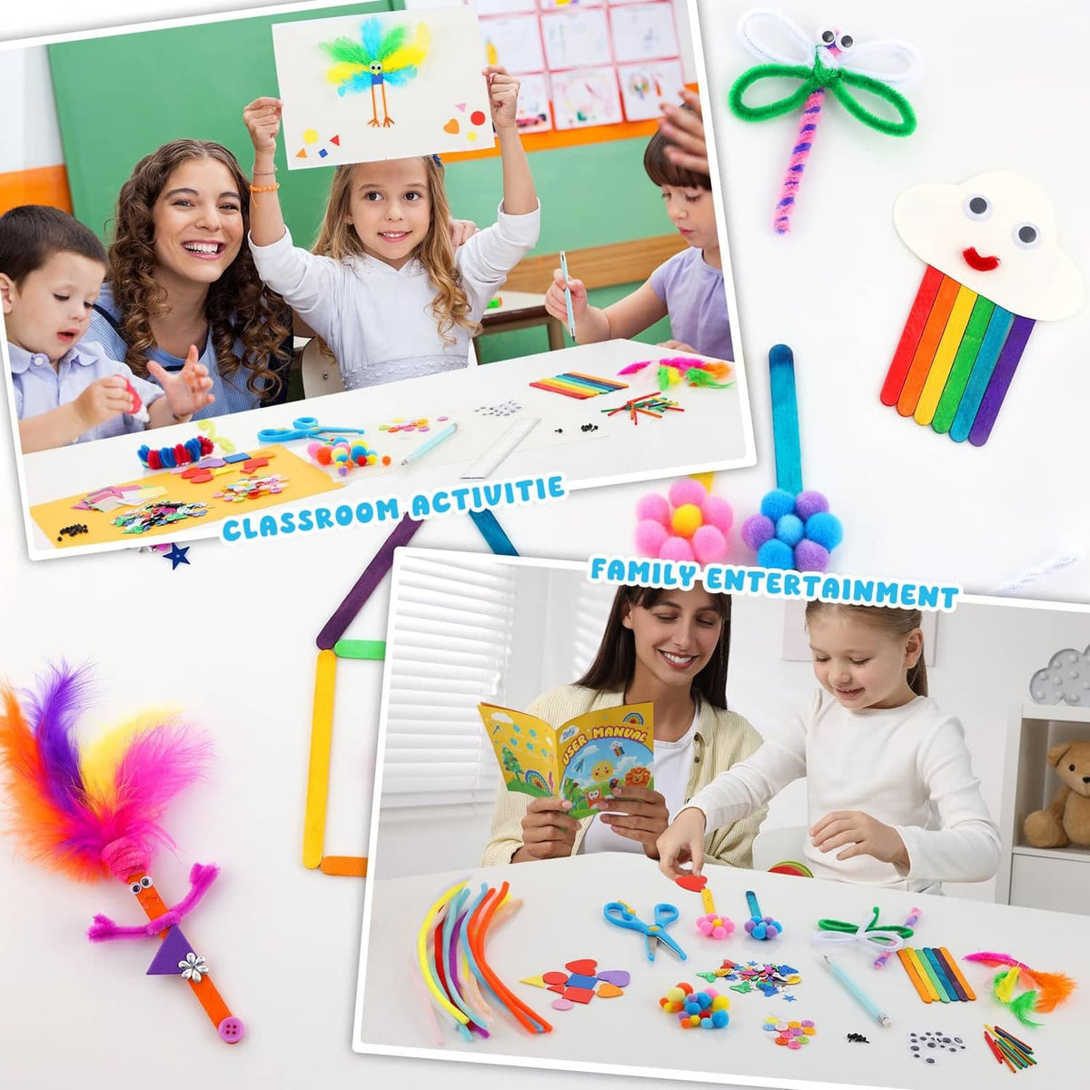 Children crafting at a table with colorful craft supplies and a classroom activity workbook