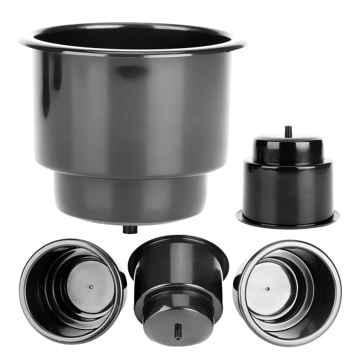 Black recessed cup holder with round opening plus removable inner and outer lid pieces