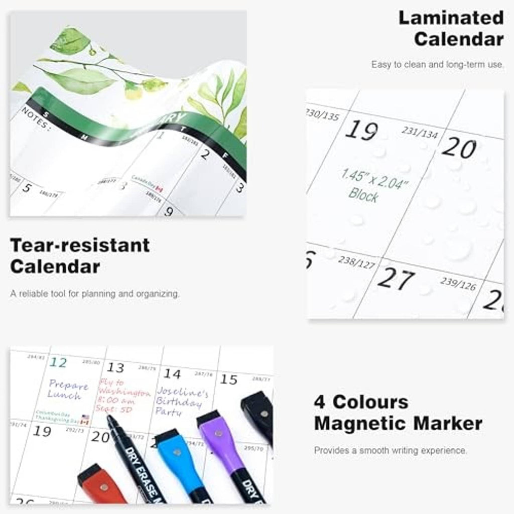 Tear-resistant laminated wall calendar with green plant theme and 4-color magnetic markers
