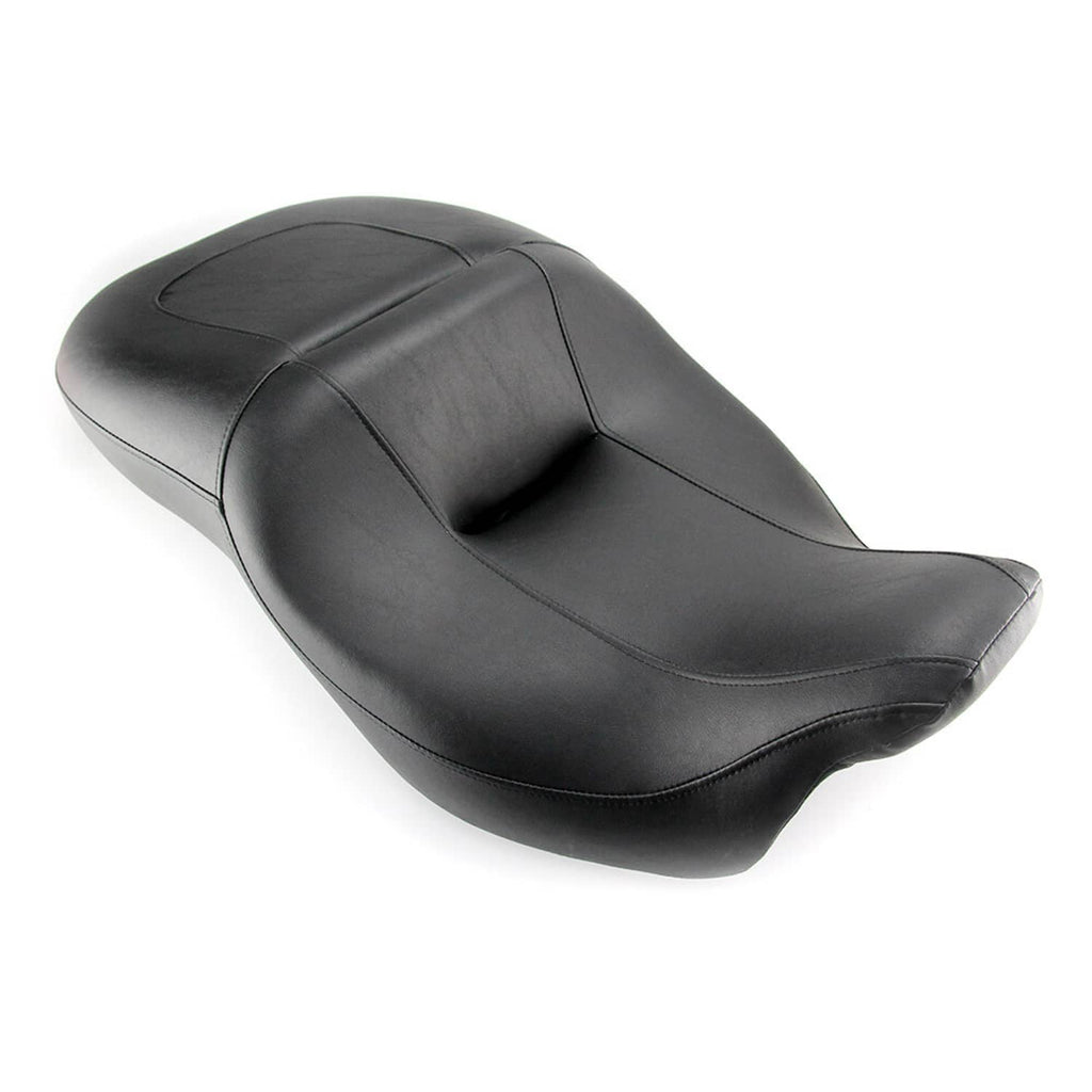Black 2-up motorcycle seat with contoured rider pad and passenger section, angled view