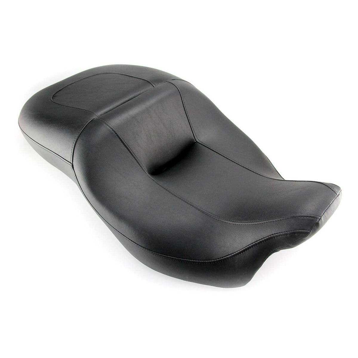 Black 2-up motorcycle seat with contoured rider pad and passenger section, angled view