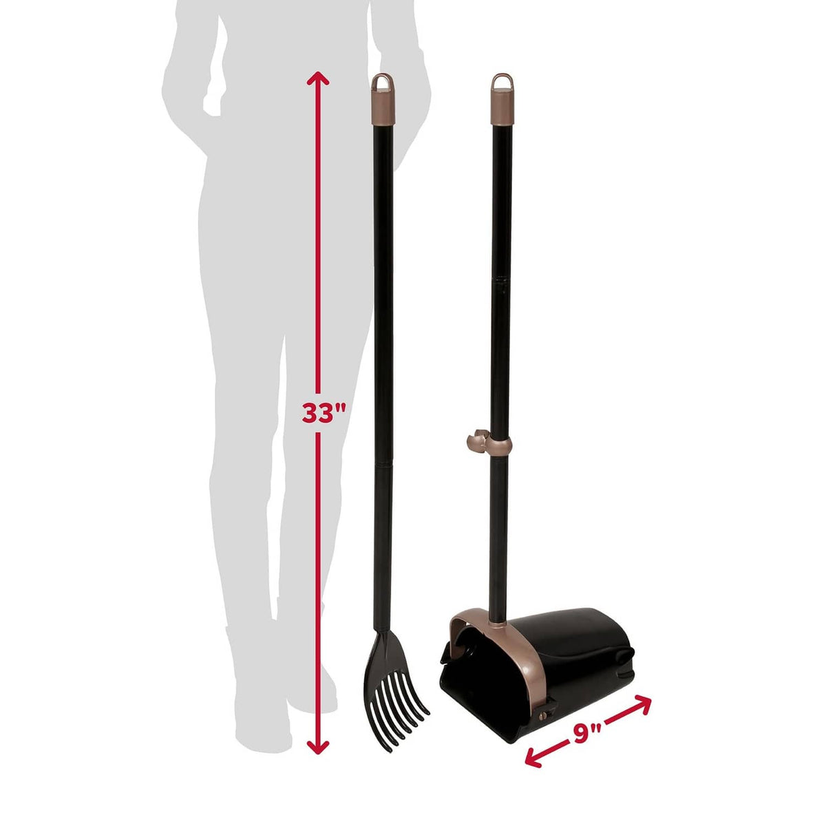 Black poop scoop and rake with swivel bin, 33 in reach, 9 in scoop size