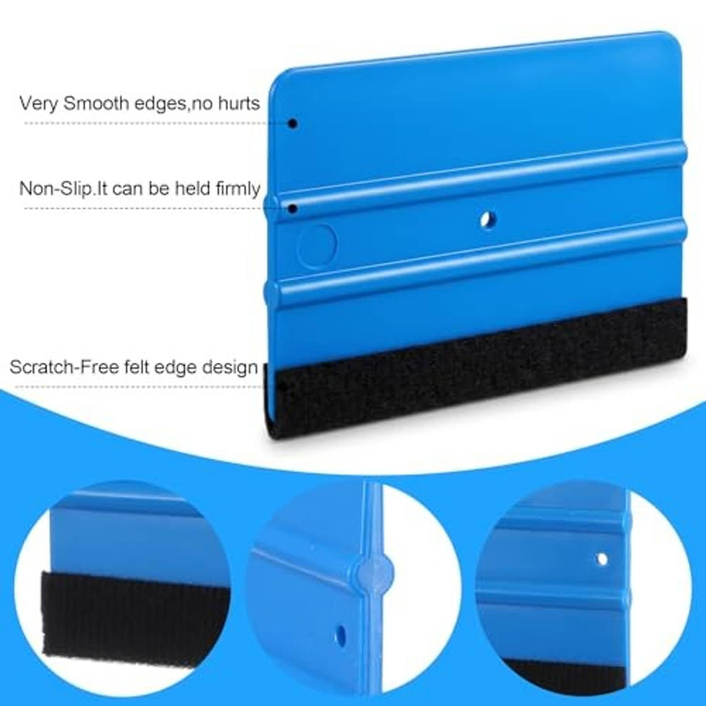 Blue vinyl squeegee with smooth edges and black velvet felt strip