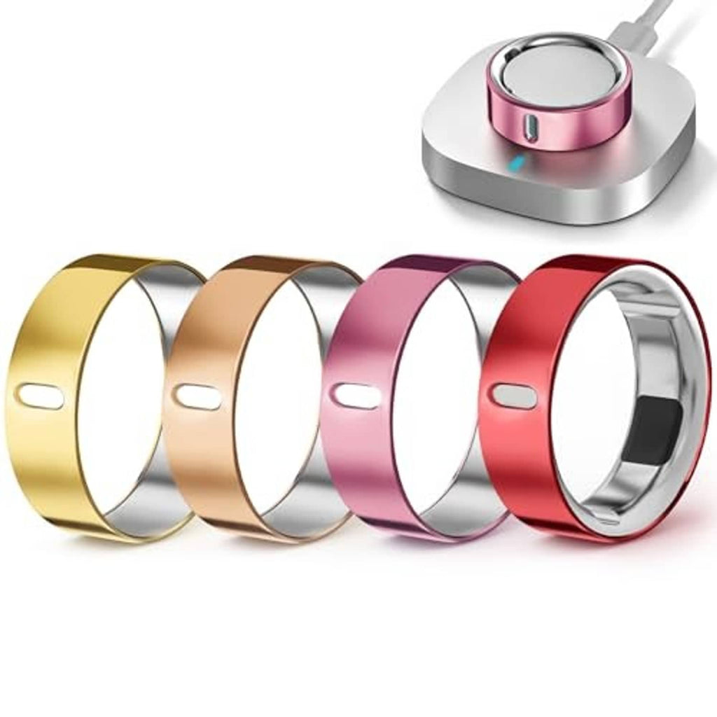 Four ring covers shown together in gold, tan, pink, and red with open centers
