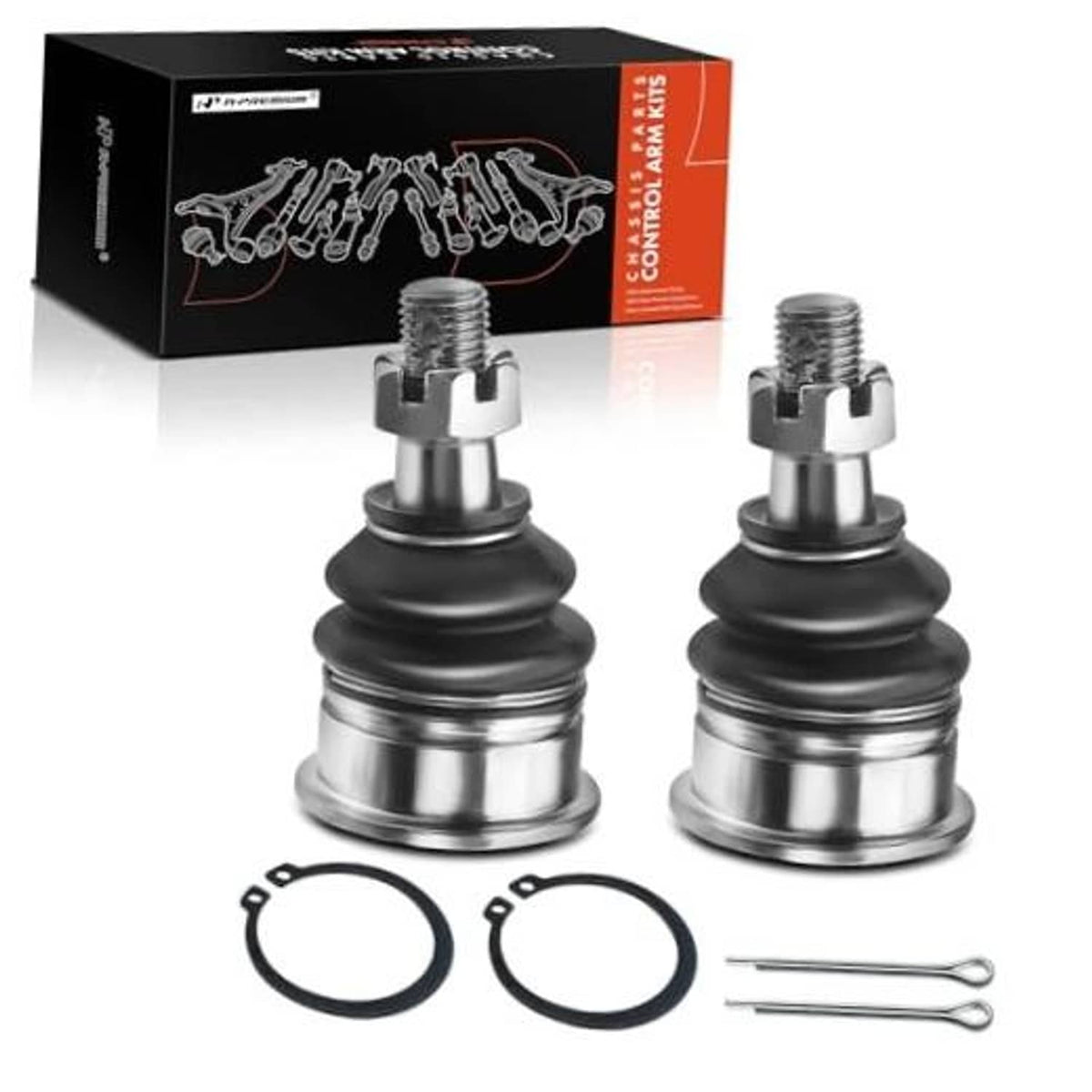 Pair of front upper ball joints, black rubber boots, metal studs and clips
