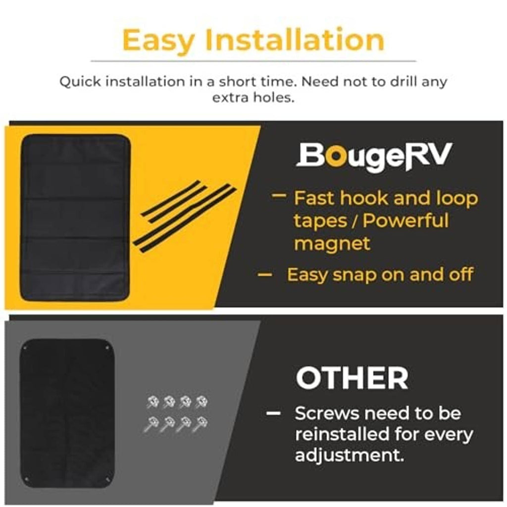 Black RV door window shade cover with hook-and-loop style fastener strips shown