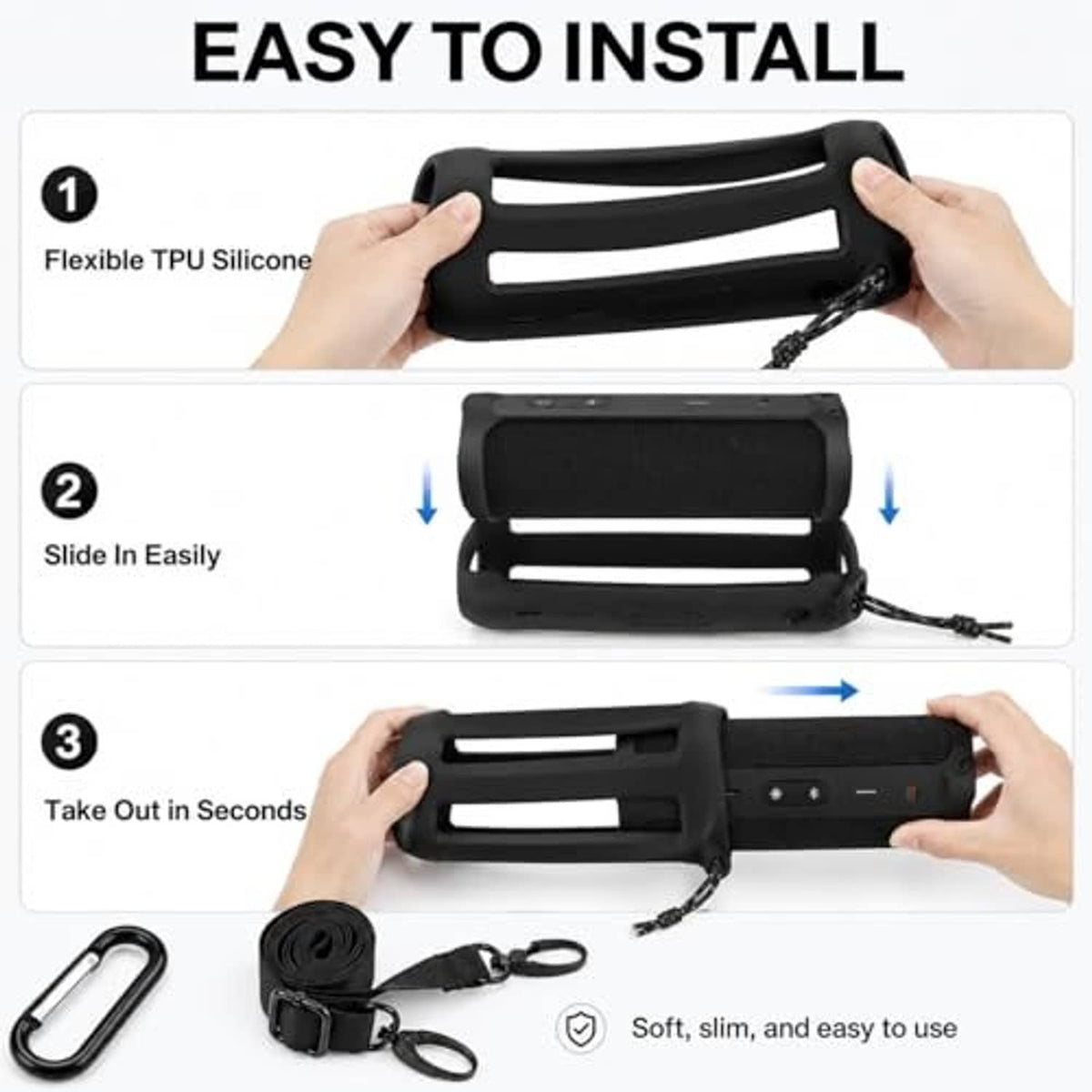 Hands installing black silicone speaker case; shows flexible TPU side edges