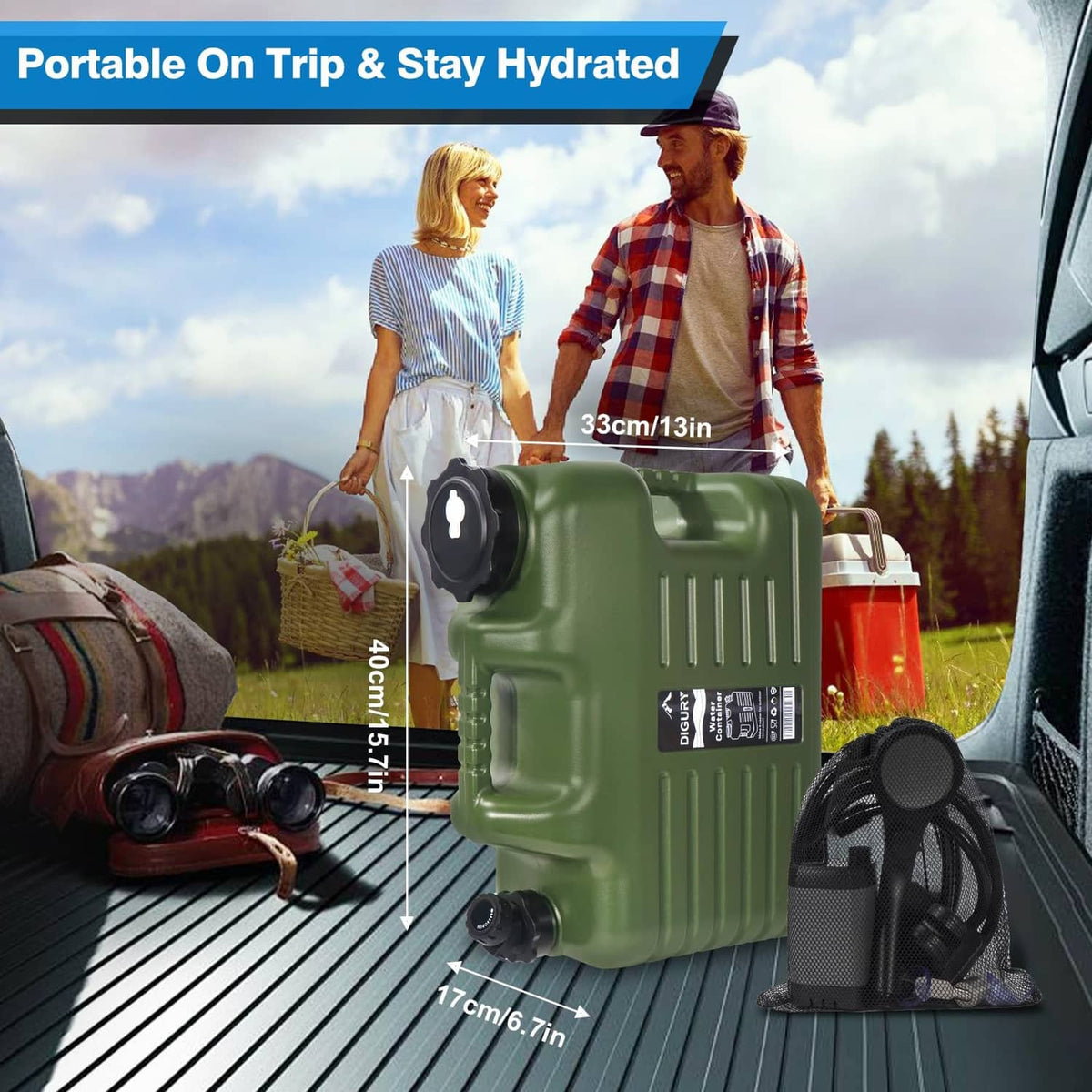 Green portable camping shower jug with hose and spray nozzle for car travel