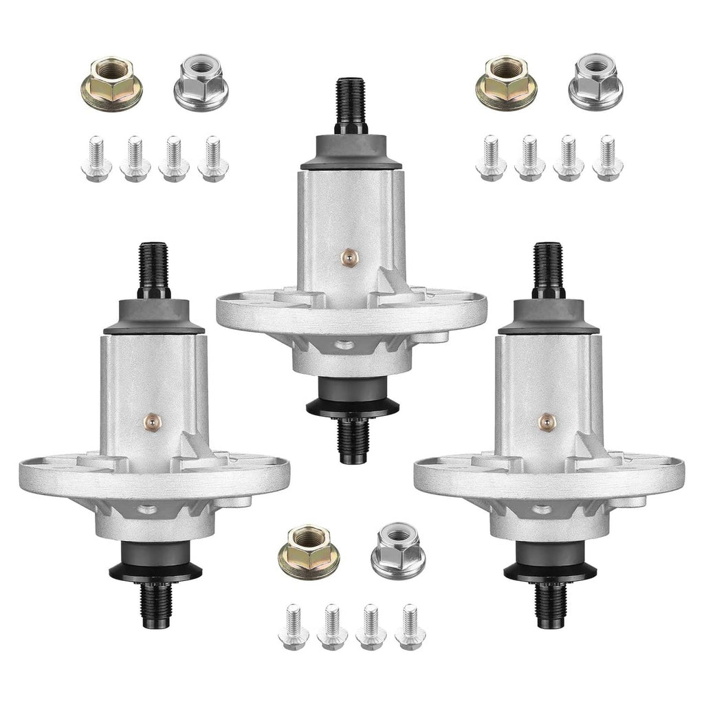 Three-piece lawn mower spindle assembly kit with blade nuts and mounting hardware