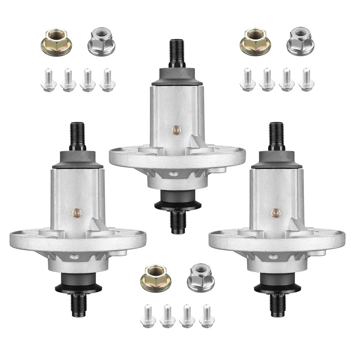 Three-piece lawn mower spindle assembly kit with blade nuts and mounting hardware