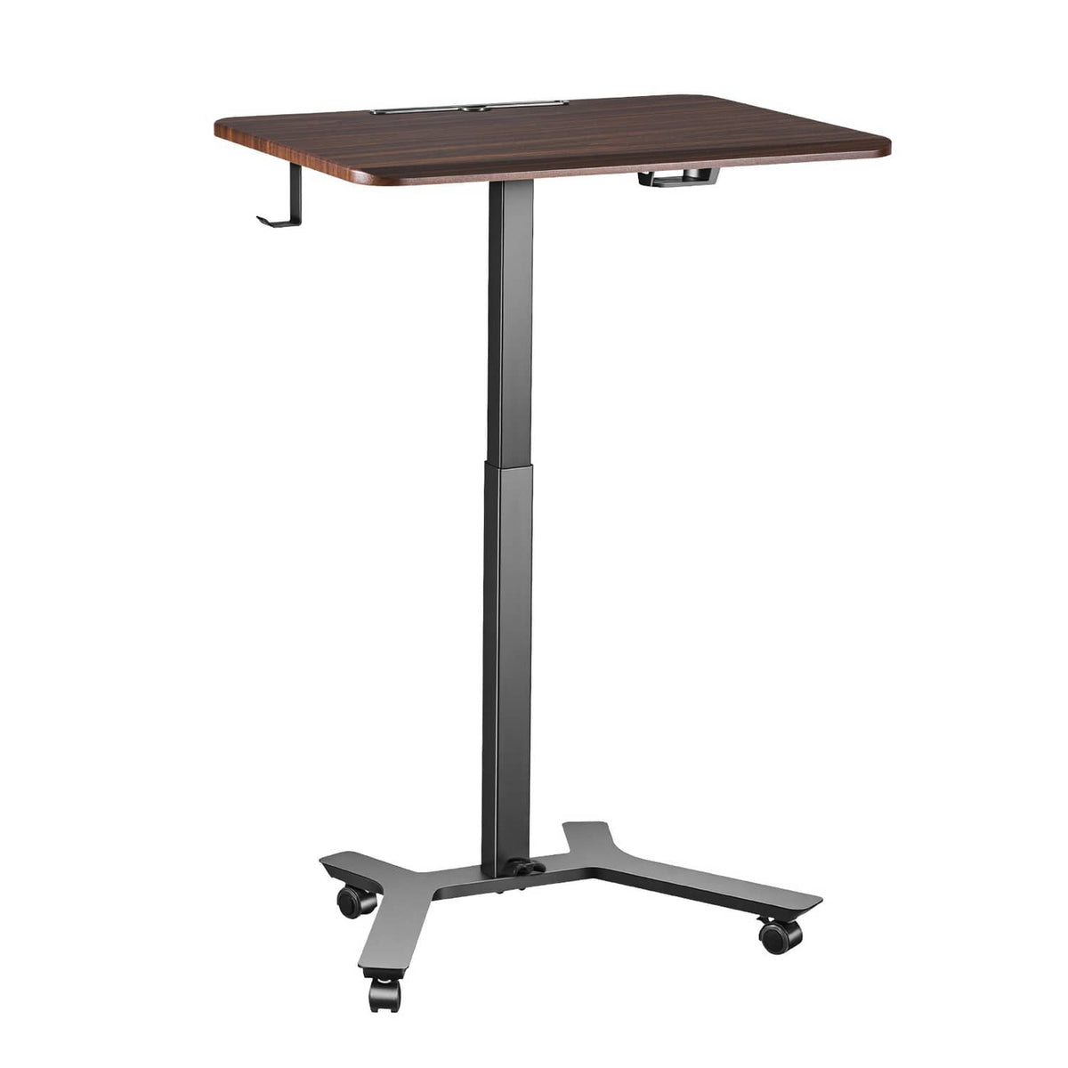 Dark wood standing desk with tall metal frame and rolling caster base