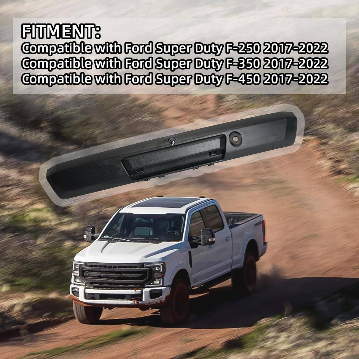 Black tailgate handle with rear view backup camera installed on pickup tailgate